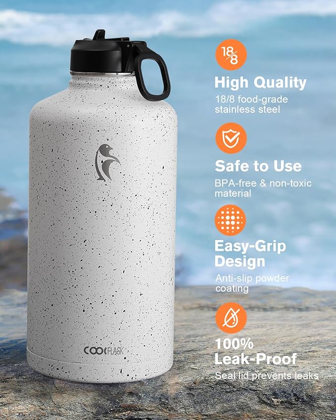 Coolflask 128 oz Gallon Water Bottle Insulated with Straw&3 Lids, Water Jug Large Stainless Steel Metal Vacuum Wide Mouth for Sports, Gym or Office, Non-BPA Keep Cold 48H Hot 24H, Arctic White