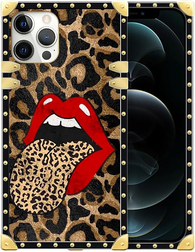 Compatible with iPhone 12 Pro Max Case, Brown Leopard Print Mouth Luxury Golden Decoration for Girl Women Soft TPU Shockproof Protective Hard PC Back for iPhone 12 Pro Max