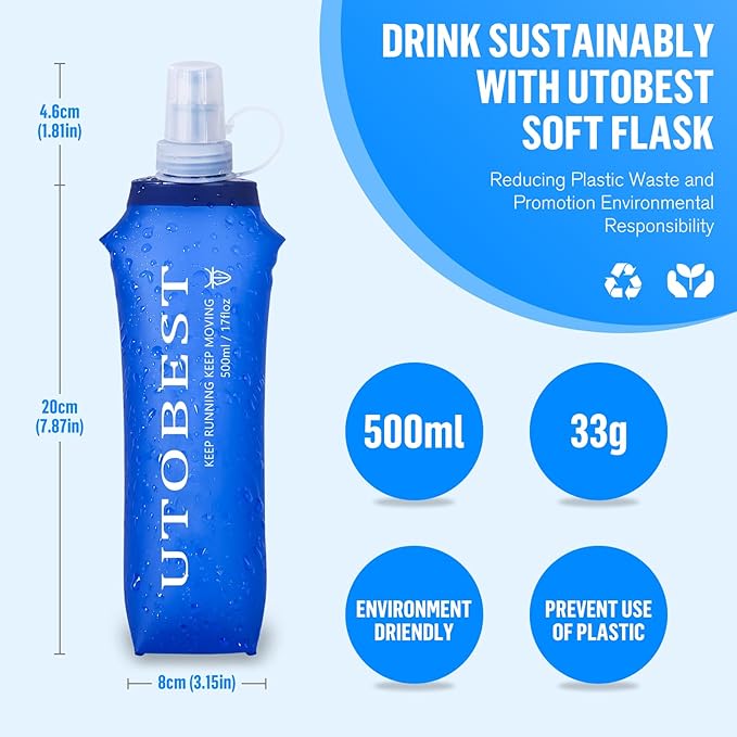 UTOBEST Soft Flask, 2 Pack Soft Flask Running Bottles 500ml,TPU Foldable Running Flask, Portable Collapsible Flask Handheld for Travel Traveling Hiking Cycling City Walk
