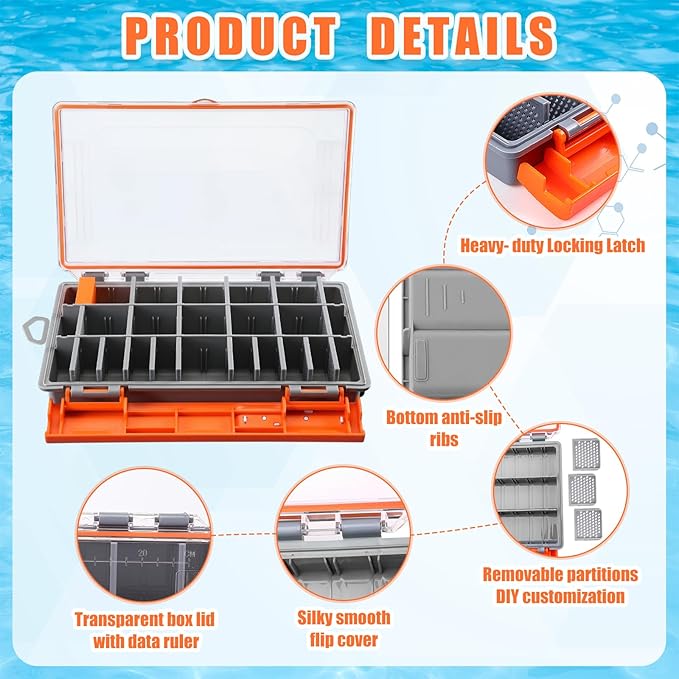 Junkin 6 Pack 3600 Fishing Tackle Boxes Waterproof, High-vis Orange Lure Organizer Trays with Removable Dividers, Airtight Bait Storage Case for Bass Fishing Backpacks & Kayak Gear Accessories