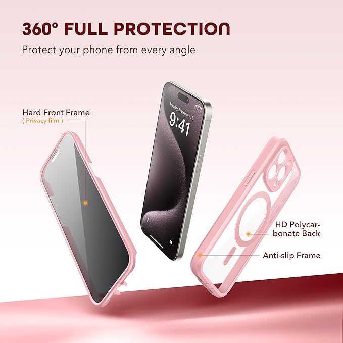 TIESZEN for iPhone 15 Pro Max Case, Compatible with MagSafe, Built-in Privacy Screen Protector and Camera Protection, Anti Spy Full Body Dustproof Shockproof Hard Phone Case 6.7", Pink