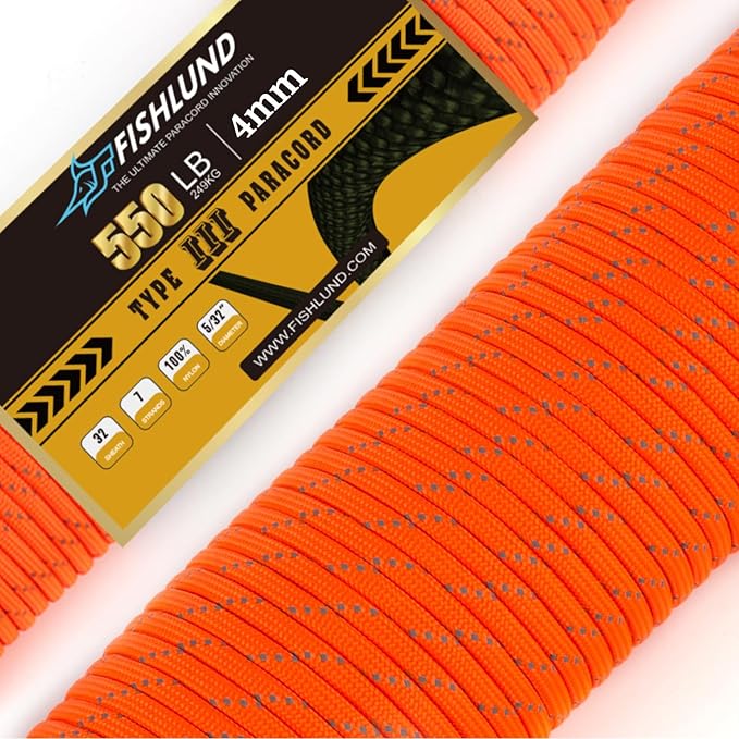 Reflective Paracord 550 lb, 7 Strand Paracord Rope 50ft 4mm, Nylon Parachute Cord for Camping, Neon Orange