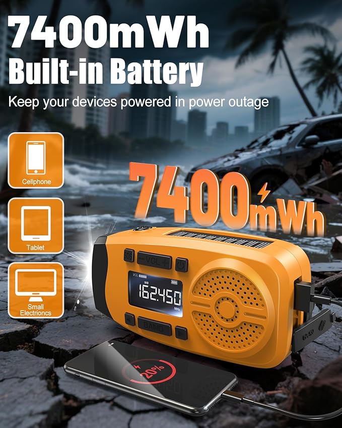Runningsnail Emergency Weather Radio, 7400mWh Hand Crank Emergency Radio with LCD Display, Support Weather Alert Radio, USB/Solar/Hand Crank,1W Flashlight&SOS Alarm for Outdoor&Home Emergency (Orange)
