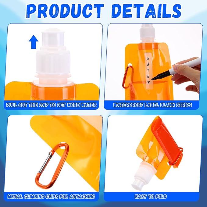 Teenyyou 24 Pack Collapsible Water Bottles Bulk 16oz Foldable Water Bottles with Carabiner Reusable Drinking Leak Proof Container Bags for Sport Biking Hiking Camping Travel Outdoor (6 Colors)