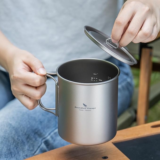 Boundless Voyage Titanium Camping Mug with Lid 300ml 450ml 750ml Lightweight Folding Handle Cup for Outdoor Backpacking Hiking Travel Durable Portable (750ml)
