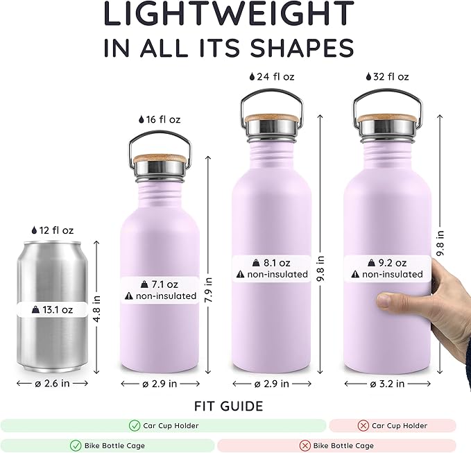 Bambaw Stainless Steel Water Bottle, 750 ml, Purple Sports Bottle, Non-Insulated Water Bottle, Stainless Steel Bottle, BPA-Free Flask – Light Lilac