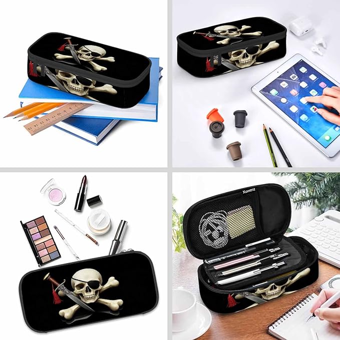 Skull Pirate Pencil Case Crossbones Eye Halloween Day Of The Dead Black Pencil Bag Pouch Box Organizer for College School Students Boy Girl