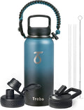 Trebo 32oz Water Bottle Insulated with Lid and Straw,Triple Wall Vacuum Stainless Steel Metal Tumbler Sports Flask with Paracord Handle, Keep Cold 48 Hours Water Cup with 3 Lids, Indigo/Black