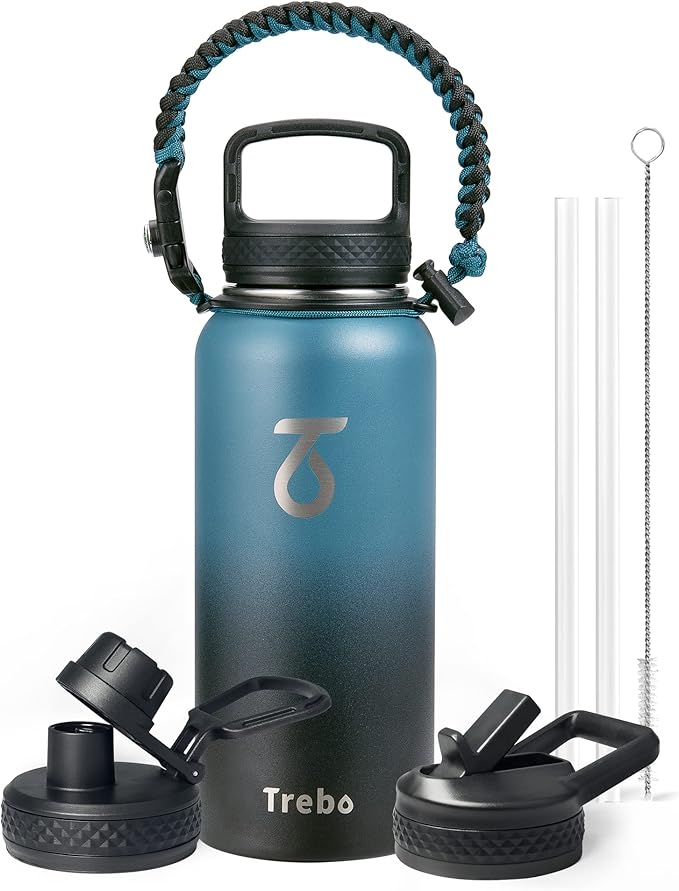 Trebo 32oz Water Bottle Insulated with Lid and Straw,Triple Wall Vacuum Stainless Steel Metal Tumbler Sports Flask with Paracord Handle, Keep Cold 48 Hours Water Cup with 3 Lids, Indigo/Black