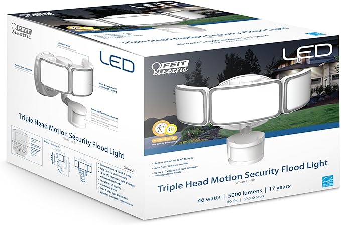 Feit Electric LED Security Light with Motion Sensor, Outdoor 46W Flood Light, Adjustable 3 Head, Wall Mount, 5000 Lumens, 5000k Daylight, Hardwired, White S10.5TFL/850/MOT/WH