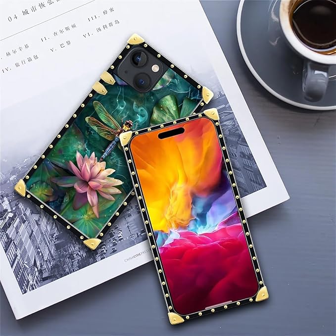 Compatible with iPhone 15 Case, Colourful Dragonfly Pink Lily Pads Luxury Golden Decoration for Girl Women Soft TPU Shockproof Protective Hard PC Back for iPhone 15