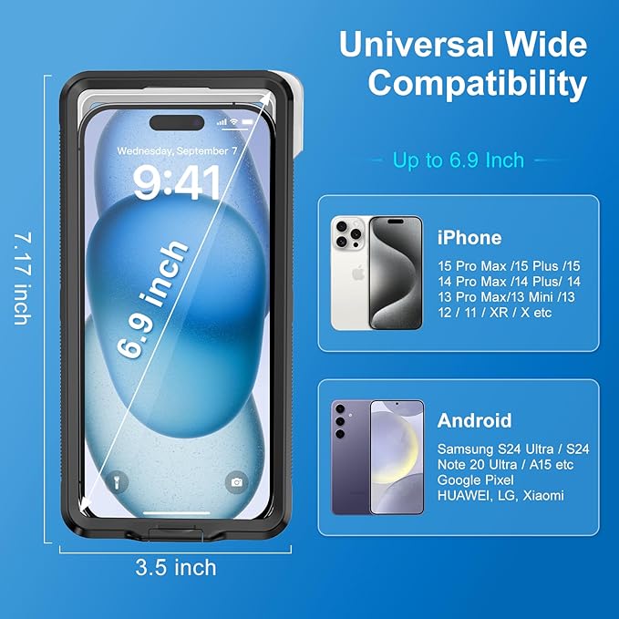 Beasyjoy Waterproof Phone Case, Underwater Snorkeling Diving Phone Case, Universal Self-Check Water Proof Case Up to 6.9 Inch for iPhone 17/16/15/14/13/12 and Samsung S24/S23/S22/Google Series - Black