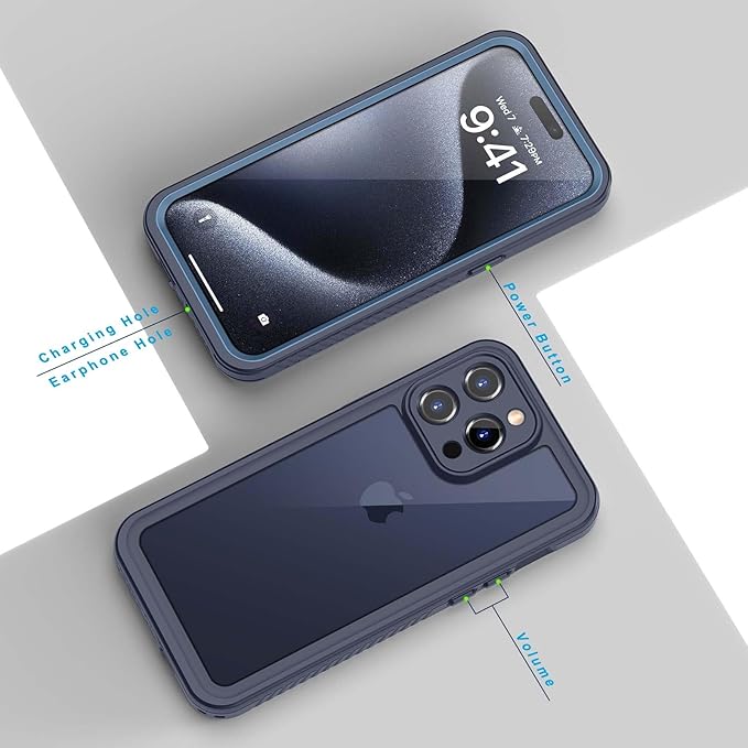 Lanhiem for 15 Pro Case, IP68 Waterproof Dustproof Shockproof Case with Built-in Screen Protector, Full Body Protective Heavy Duty Phone Cover for 15 Pro - 6.1 inch (Dark Blue)