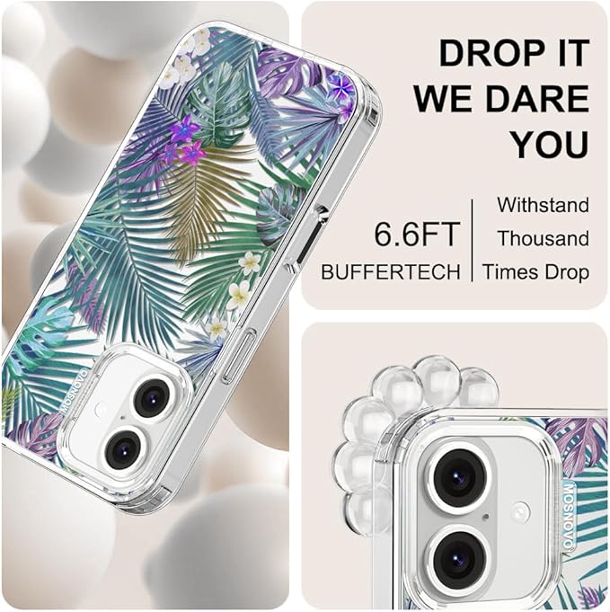 MOSNOVO Case for iPhone 16 Plus, [Buffertech 6.6ft Military-Grade Drop Protection] [Anti Peel Off Tech] Clear TPU Bumper Phone Case Cover Design - Tropical Rainforests