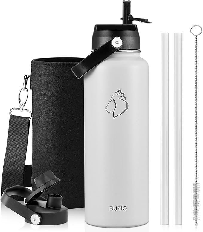 BUZIO 40 oz Water Bottle Insulated, Triple Wall Vacuum Stainless Steel Flask (Cold for 48 Hrs), Leakproof BPA-Free Wide Mouth Metal Jug Hydro Canteen with 2 Lids, White