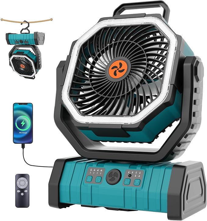 20000mAh Outdoor Camping Fan Battery Operated,Portable Rechargeable Battery Powered Fan with LED Light,360°Oscillating & 8H Timer USB Rechargeable Personal Cordless Travel Fans with Hook F6 Cyan