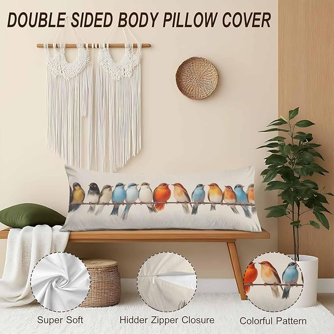 Body Pillow Covers Bird Body Pillowcase 20"X54", Vintage Birds Colorful Couch Body Pillow Cases for Home Bedroom, Outdoor Body Cushion Cover for Men Women