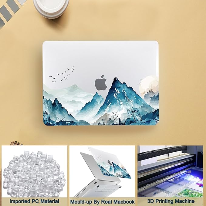 Case Cover for New MacBook Air 15 inch M4 M3 M2 2025 2024 2023 Release (Model A3114 A3241) with Retina Dispaly&Touch ID,Thin Hard Laptop Case & Keyboard Cover,Mountain & Bird