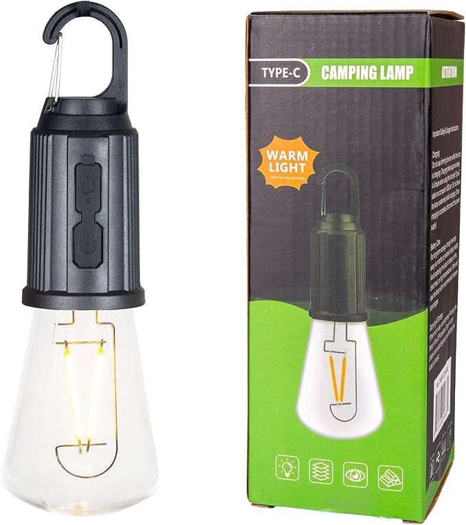 2-Pack Rechargeable Camp Light, Warm White LED Conical Bulb, Battery Powered with USB-C, Shatterproof Globe on Carabiner, 3 Brightness Levels