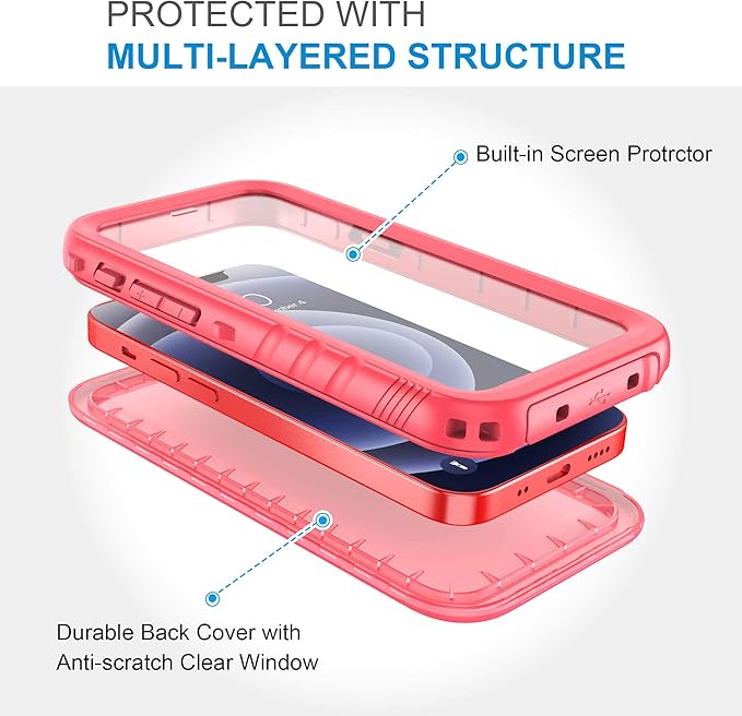 SPORTLINK for iPhone 12 Mini Waterproof Case, Full Body Shockproof Dustproof Phone Screen Protector Rugged Cases for iPhone 12 Mini 5.4 Inches Pink