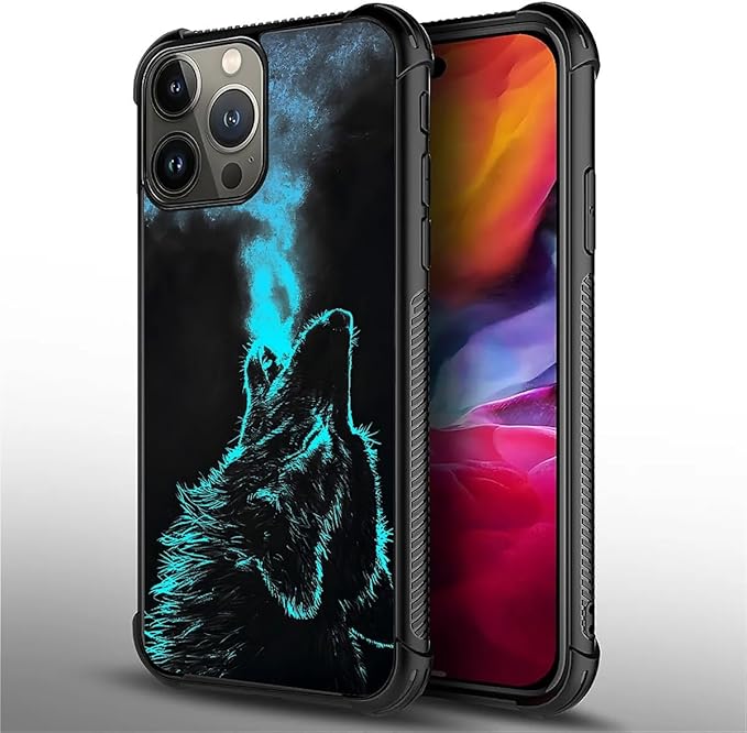 for iPhone 15 Pro Max Case, Blue Breathing Wolf Pattern Graphic Design Girl Boy Soft Silicone Hard Acrylic Shock Protection for iPhone 15 Pro Max