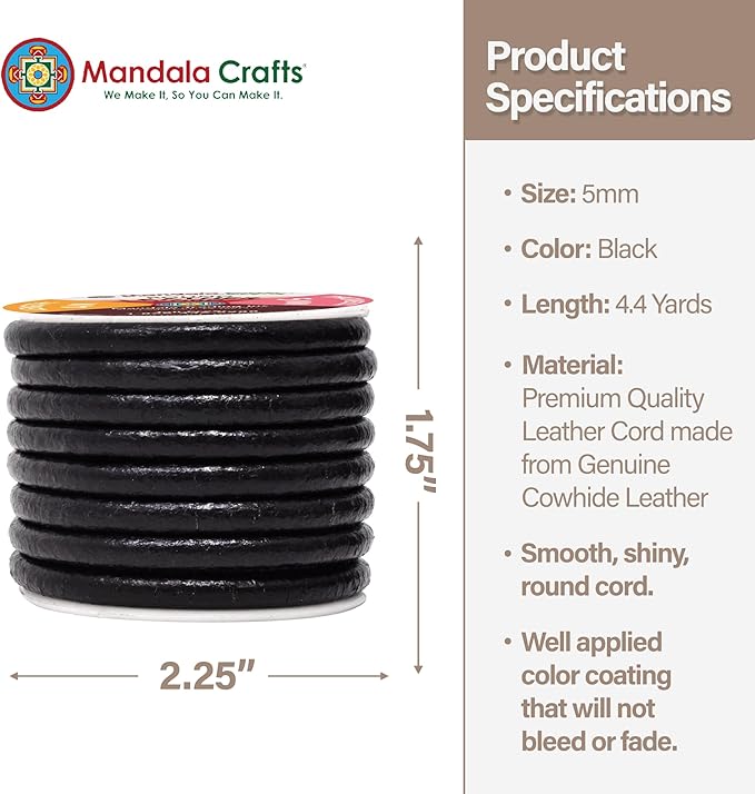 Mandala Crafts Round Genuine Black Leather Cord for Jewelry Making – 5mm Cowhide Leather Rope String Lace for Kumihimo – 4.4 Yards Cowhide Craft Cording Spool
