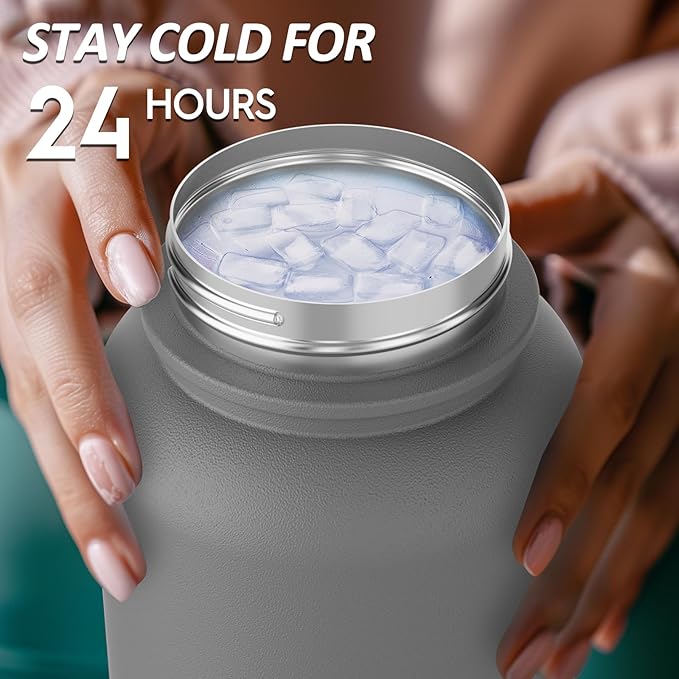 Navigate 32 oz Insulated Stainless Steel Sports Water Bottle with Spout & Handle Lids,Wide Mouth Water Jug with Double Walled Leak Proof Keep Cold for 24 Hrs Hot for 12 Hrs,Grey