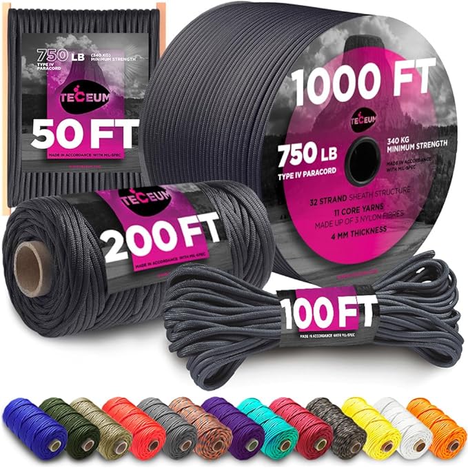 TECEUM 5/32" Paracord Rope 1000 – 1000ft / 200ft / 100ft / 50ft – Tactical Parachute Cord 4mm – 45+ Colors – Nylon String for Survival & Camping Gear – Stripe Cord for Survival – Utility Rope