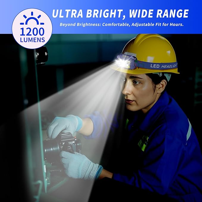 Headlamp Rechargeable LED, 800 Lumens with Red & White Light, 8 Modes, Motion Sensor, USB-C Charging, IPX4 Waterproof (1, Blue)