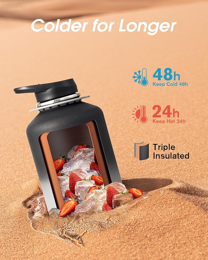 Coolflask Half Gallon Water Bottle with Strap, 64oz Insulated Water Jug Stainless Steel with Straw & Spout Lids, Metal Large Water Flask, Keep Cold 48h Hot 24h, Leak Proof, Non-BPA, Piano Night