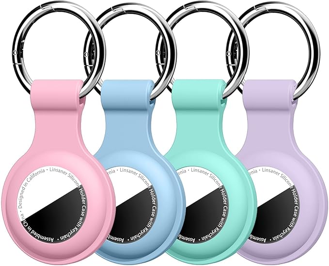 Linsaner [4 Pack] Holder for AirTag 2nd Gen (2026) & 1st Gen, Silicone Case Keychain Key Ring, Protective Cover for Apple for Air Tags, GPS Finder Accessories, Pink/Grey Blue/Mint Green/Purple