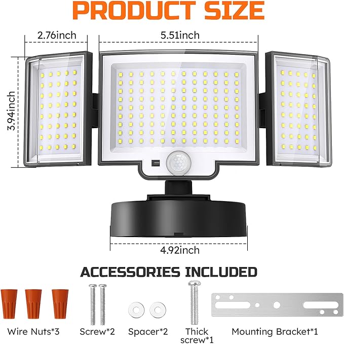 CLAONER 20W 3000LM LED Security Motion Sensor Outdoor Floodlights, 6500K Daylight Remote Control, 3 Modes Dusk to Dawn, Waterproof 3 Heads Hardwired Flood Light for Driveway, Garage, Porch(2 Pack)