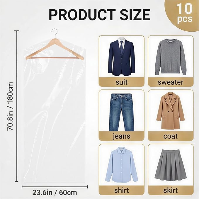 10 Pack Dry Cleaner Bags Plastic Clear, 23.6 x 71In Plastic Garment Bags Hanging Clothing Covers for Home Storage, Clothing Stores, Travel, Moving