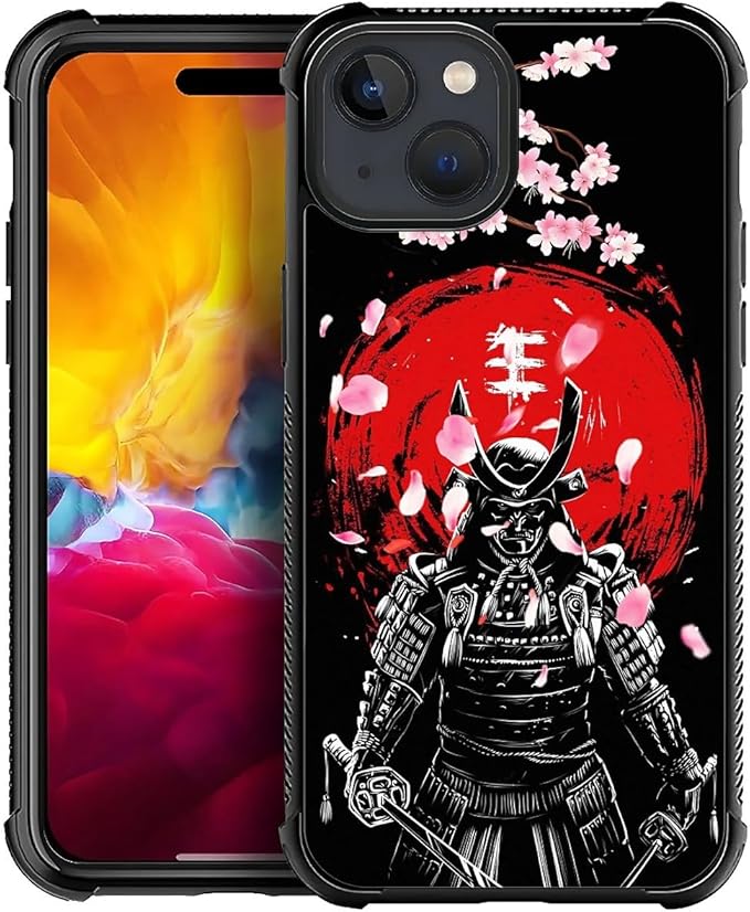 for iPhone 15 Case, Sakura Japanese Samurai Pattern Graphic Design Girl Boy Soft Silicone Hard Acrylic Shock Protection for iPhone 15