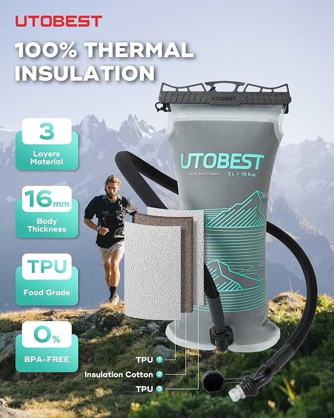 UTOBEST Insulated Water Bladder with Bite Valve Cover Keeps Water Cool or Warm for Hours, Leakproof TPU Hydration for Hiking Camping and Backpacking
