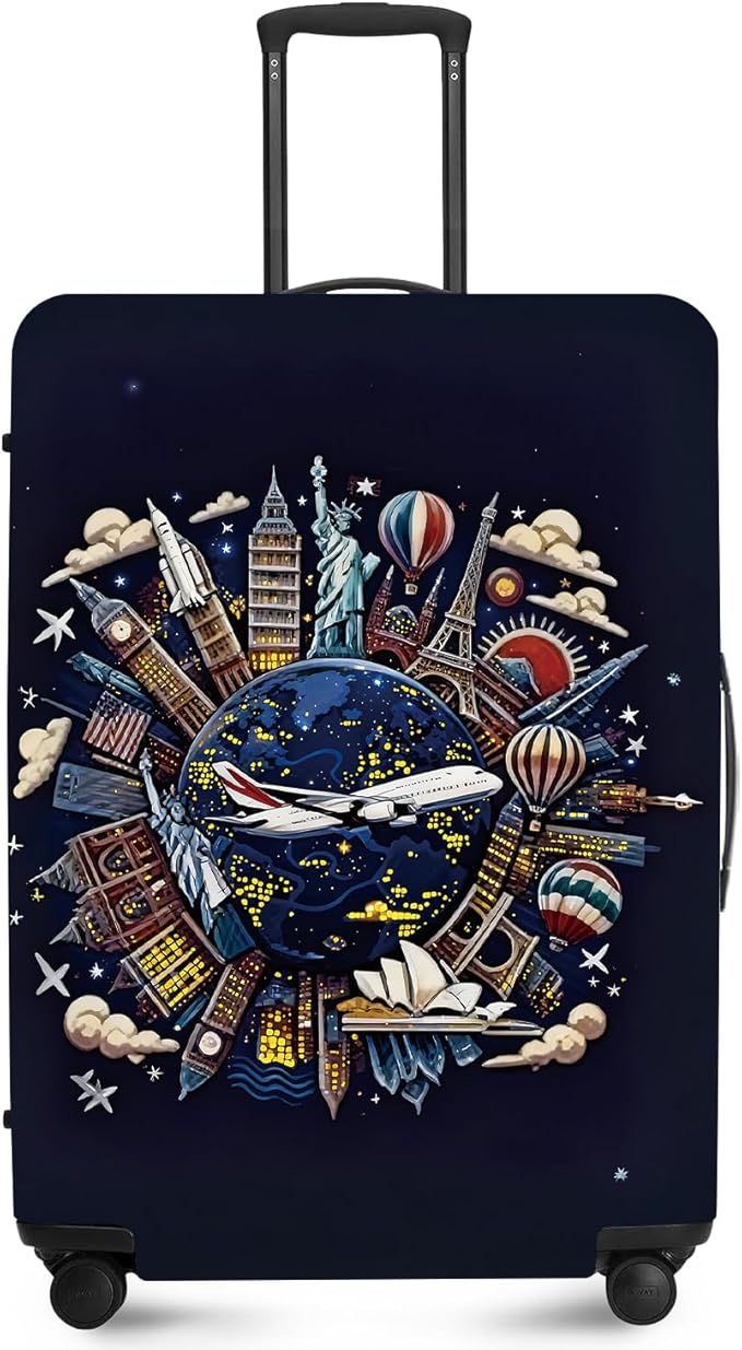 ANNA QUEEN Travel Globe Airplane Luggage Cover -Stretchable Airplane Suitcase Protector Sleeve,Universal Washable Fit for 28-30 Inch Checked Baggage,Water Resistant Durable Luggage Protector