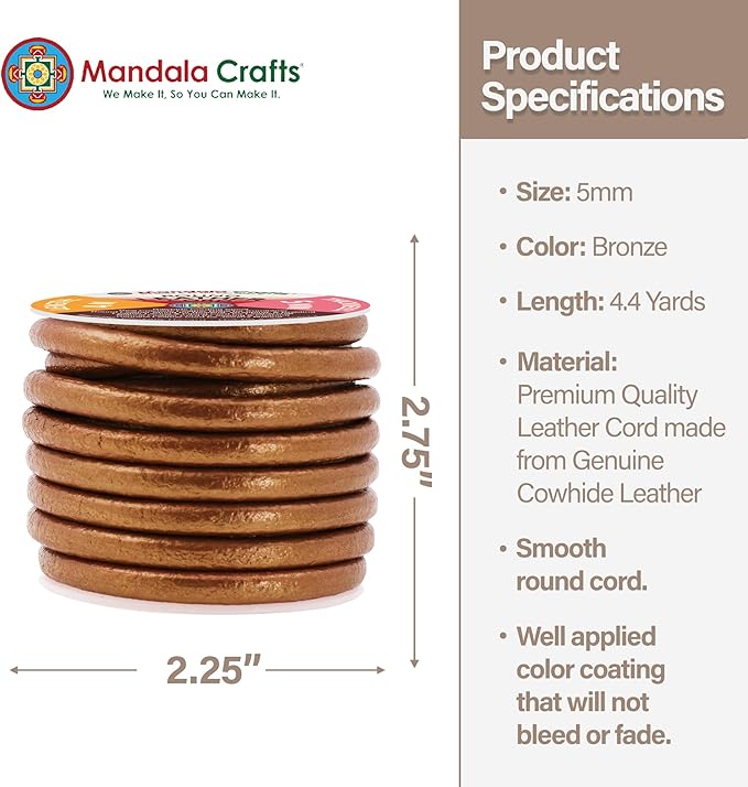 Mandala Crafts Round Genuine Bronze Leather Cord for Jewelry Making – 5mm Cowhide Leather Rope String Lace for Kumihimo – 4.4 Yards Cowhide Craft Cording Spool