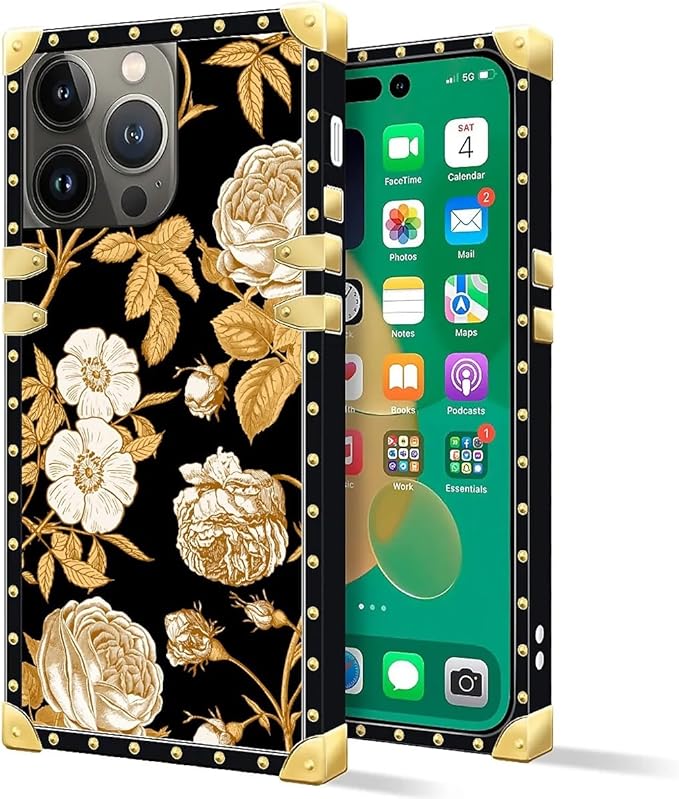 Compatible with iPhone 14 Pro Case, Blooming Rose Golden Flower Luxury Golden Decoration for Girl Women Soft TPU Shockproof Protective Hard PC Back for iPhone 14 Pro