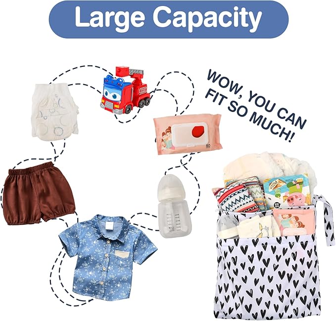 2pcs Cloth Diaper Wet Dry Bags Waterproof Reusable with Two Zippered Pockets Travel Beach Pool Daycare Soiled Baby Items Yoga Gym Bag for Swimsuits or Wet Clothes-Black Hearts