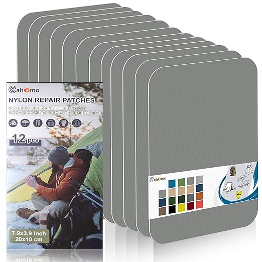 Cahomo 7.9x3.9 inch 12 PCS Nylon Repair Patch Nylon Repair Tape Self Adhesive Fabric Tapes Outdoor Camping Gear Fabric kit for Tent, Umbrella, Down Jackets, Sleeping Bag, Knapsack（Gray）