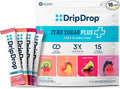 DripDrop Zero Sugar Plus - Sugar Free Hydration Packets - Single Serve Electrolytes Powder Drink Mix - Strawberry Kiwi, Peach, Cherry Limeade, Wild Berry - Non-GMO, Vegan - 16 Sticks