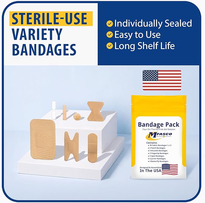MFASCO First Aid Kit Bandage Refill Pack - Comprehensive Assorted Fabric Bandaids - Small Bandaids for On-the-Go - Reliable First Aid