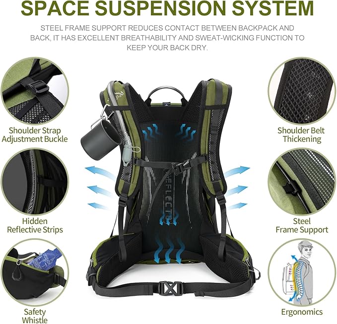 IX INOXTO Hiking Backpack, 26L/40L Waterproof Hiking Daypack with 3L Water Bladder and Rain Cover, Lightweight Travel Camping Backpack for Men Women (Dark Green)