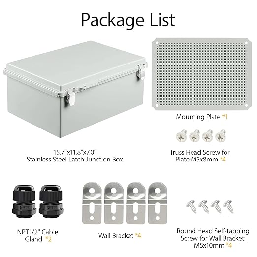 LeMotech Electrical Box, IP67 Waterproof Hinged Cover Stainless Steel Latch Junction Box, ABS Plastic Electrical Enclosure with Mounting Plate,Wall Brackets, Cable Glands,15.7"x11.8"x7.0",Grey
