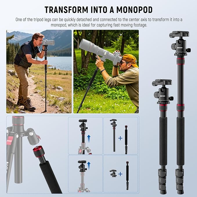 NEEWER Basics Camera Tripod Monopod, 71" Aluminum Heavy Duty Portable Travel DSLR Cell Phone Stand with 360° Ball Head Cellphone Holder Mount Compatible with iPhone for Filming Video Recording, TP15
