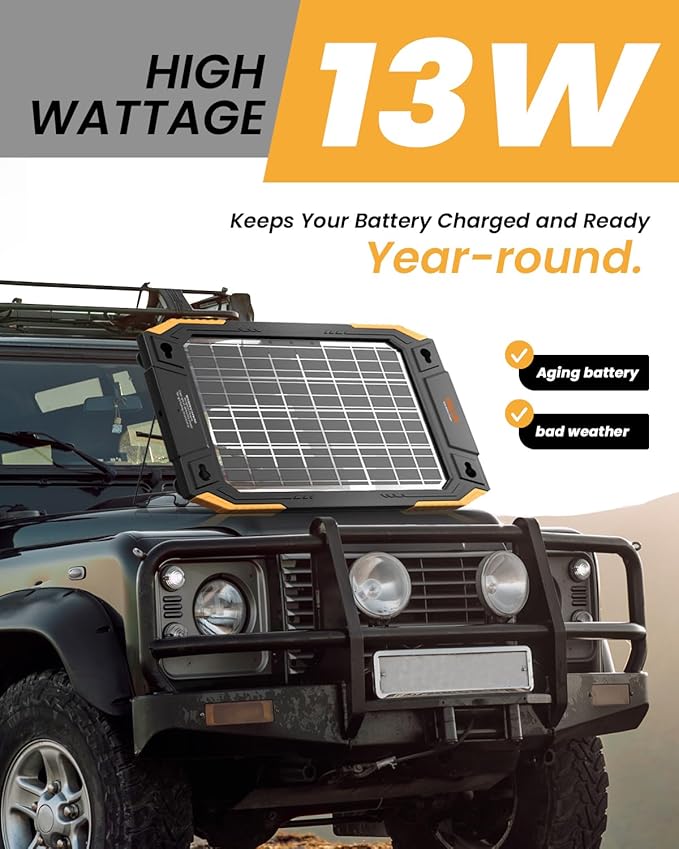 BALDR 12V Solar Battery Charger, 13W Waterproof Dual Sided Battery Maintainer, IP67 MPPT Trickle Charger for Car, Trailer, Lawn Mower, Boat
