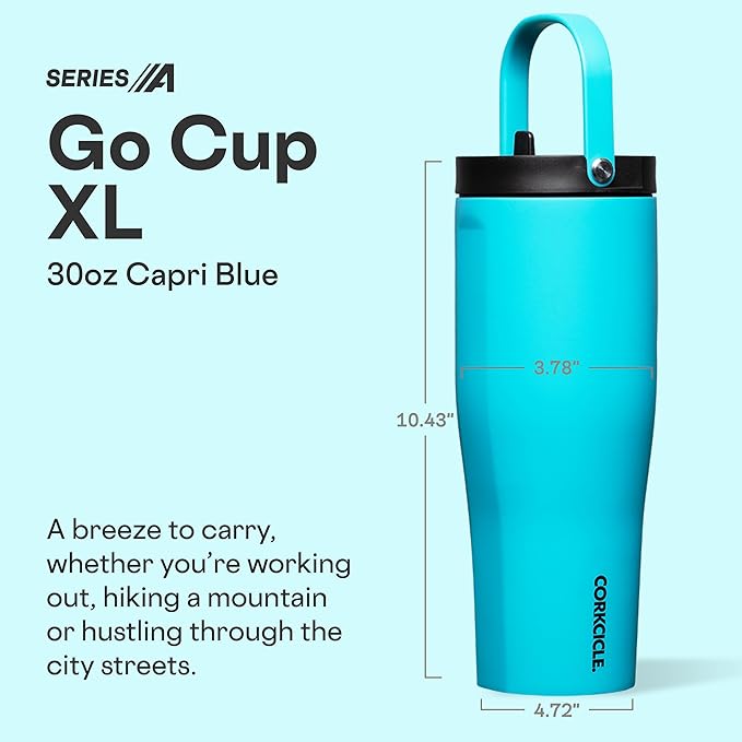 Corkcicle Go Cup XL - Leak-Proof Travel Tumbler - Triple Insulated Stainless Steel Water Bottle - Easy-Carry Handle - Summer Drinkware Gift - Keeps Drinks Ice Cold - 30 oz - Capri Blue