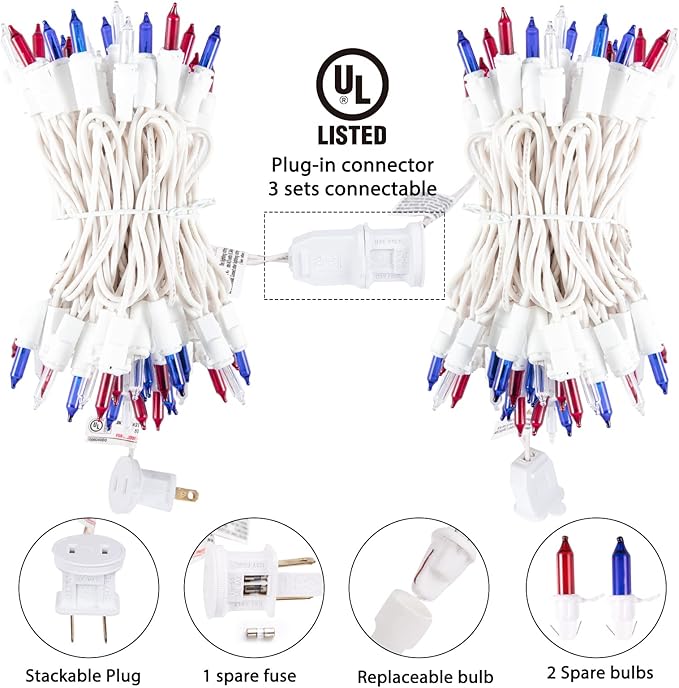 4th of July Decoration Patriotic Mini Lights - 200 Count 40 Feet Red White Blue Incandescent Bulb Waterproof String Lights Plug in for Indoor Outdoor Christmas Party Patio Independence Day Decoration