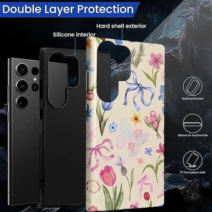 for Samsung Galaxy S24 Ultra Case,HL2 Aesthetic Flower Preppy Collage Hybrid 2 Layer Hard Shell Silicone Protective Pattern Design Case