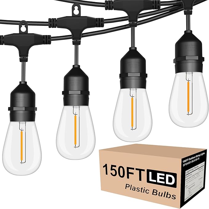 SUFEIMAS Outdoor String Lights LED 150FT with 46 Sockets 48pcs S14 Shattreproof Edison Bulbs,Dimmable LED Outdoor String Lights for Outside, Patio,Backyard, Market, Cafe (2 * 75FT)